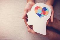 Hands holding a colorful, wooden brain.